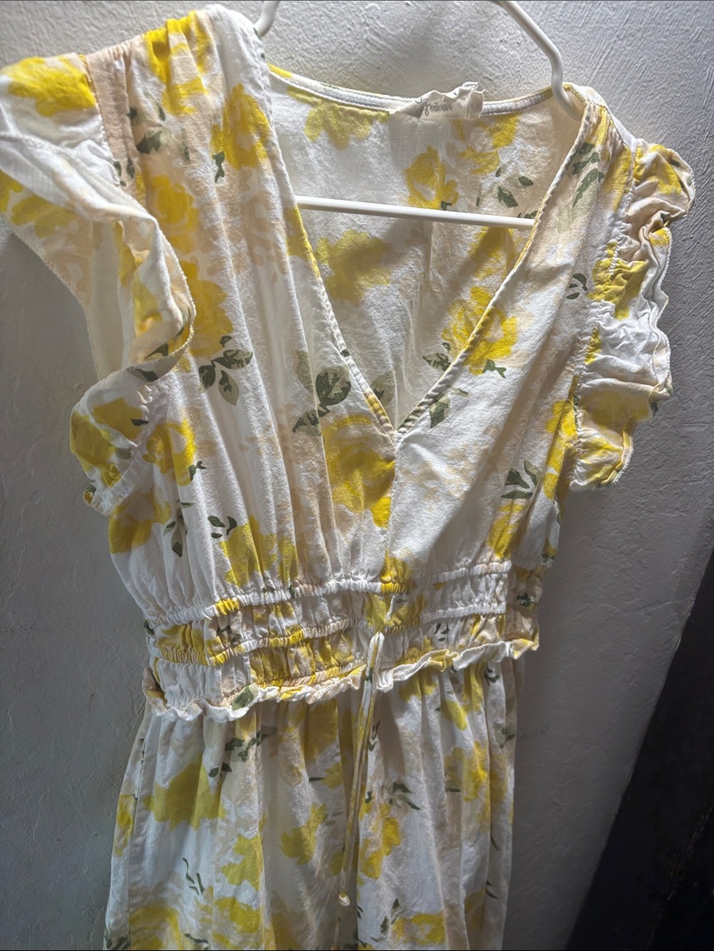 White Midi Dress with Yellow Floral Print and Smocked Waist